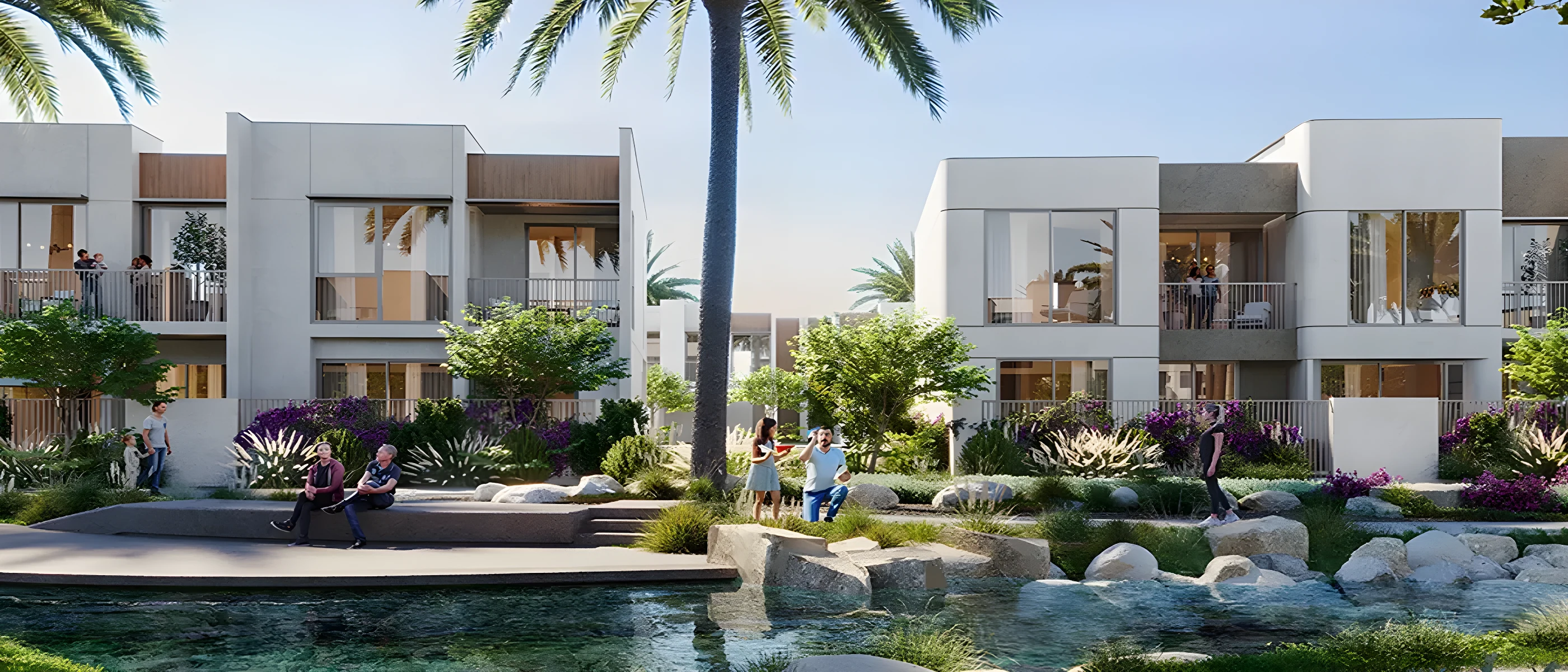 Townhouses at Alana seen across the lagoon