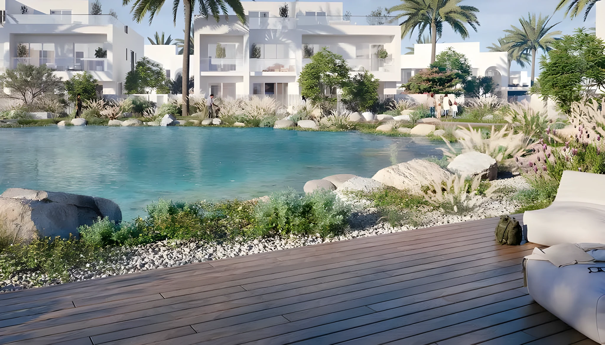 A timber deck at the lagoon edge at Alana