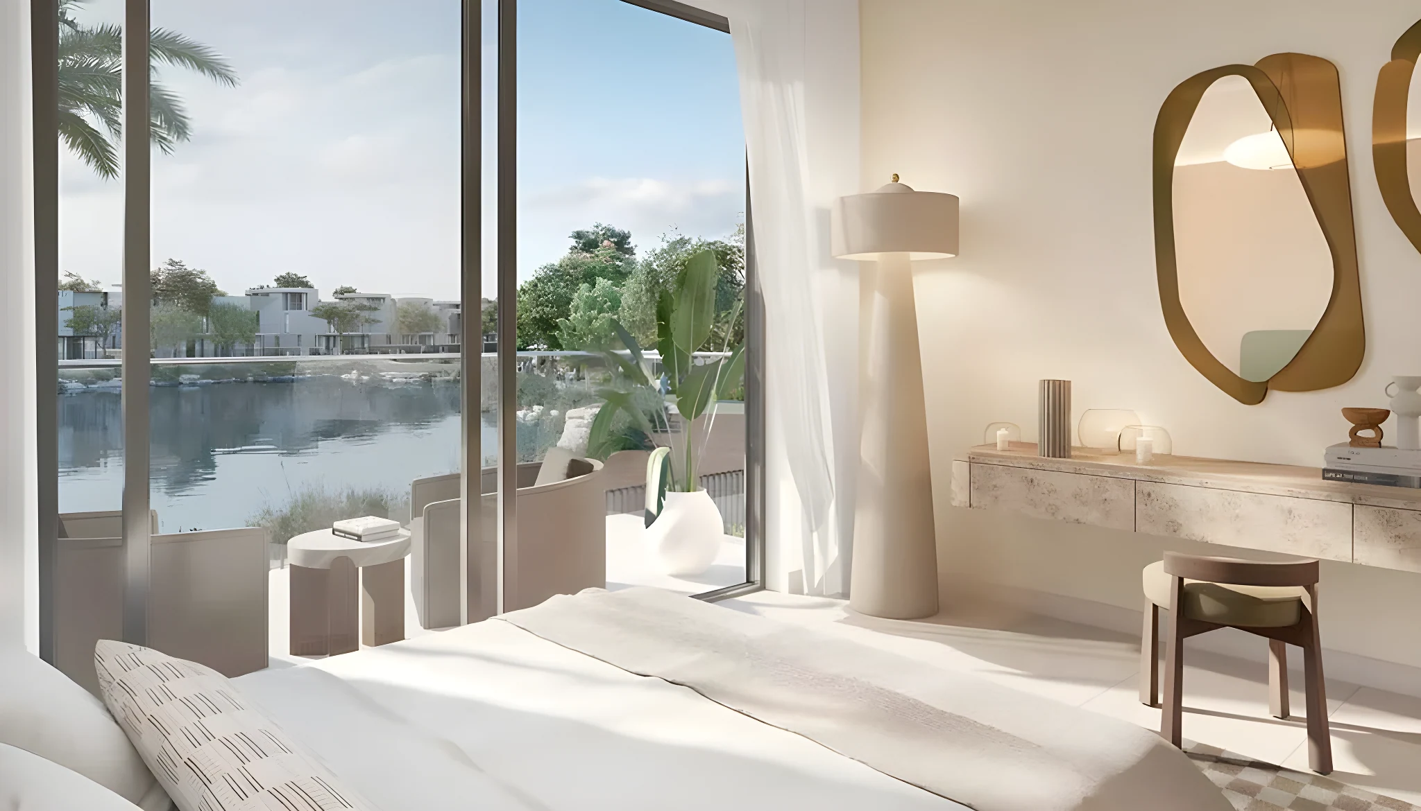 A bedroom at Alana looking out to the lagoon