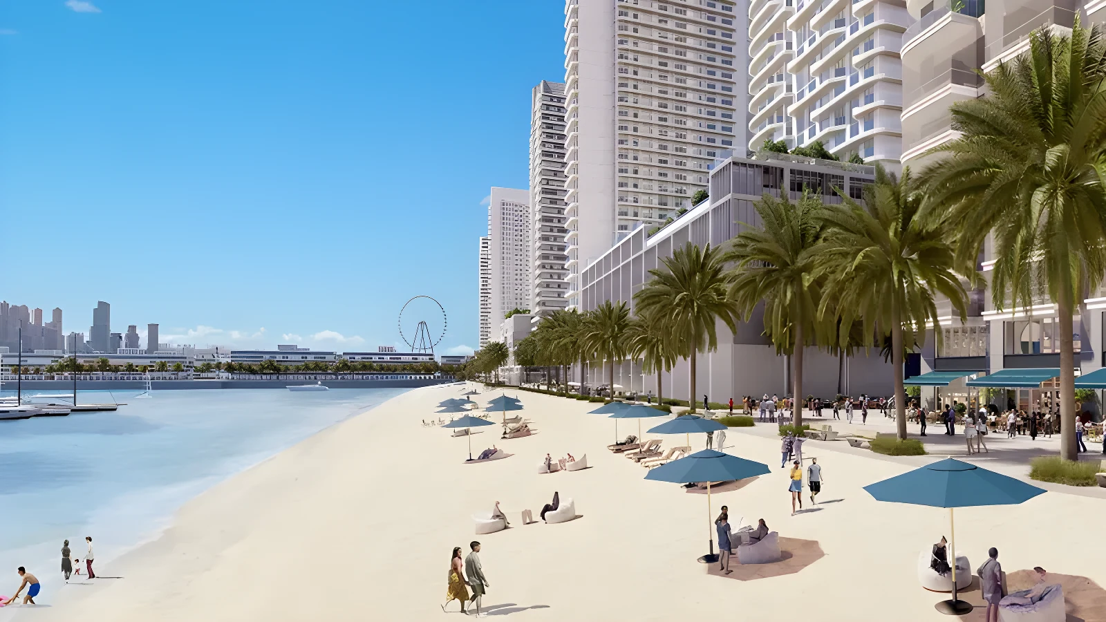 The private beach at Emaar Beachfront, with the towers behind it