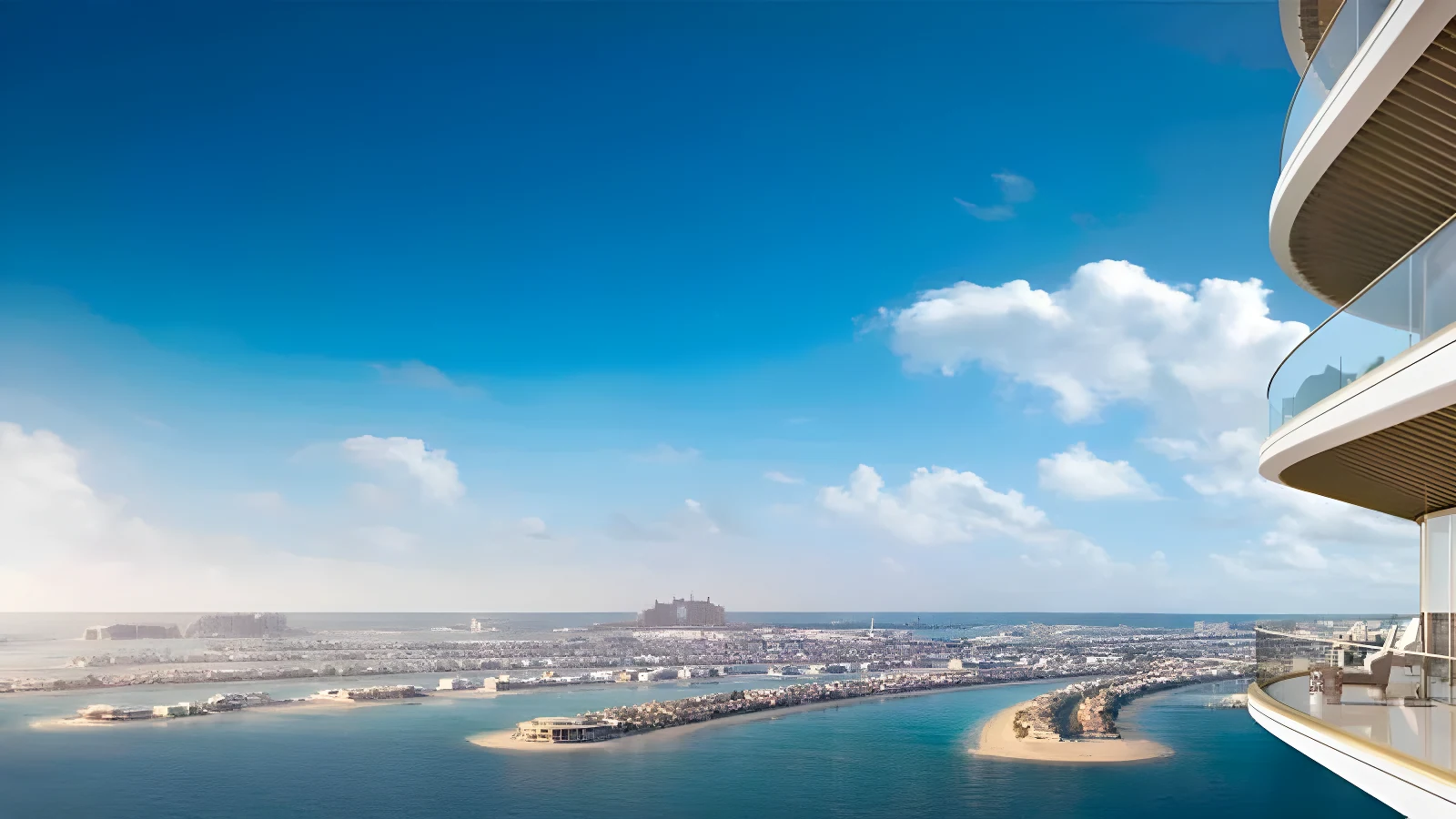 The view over Palm Jumeirah from a balcony at Grand Bleu Tower