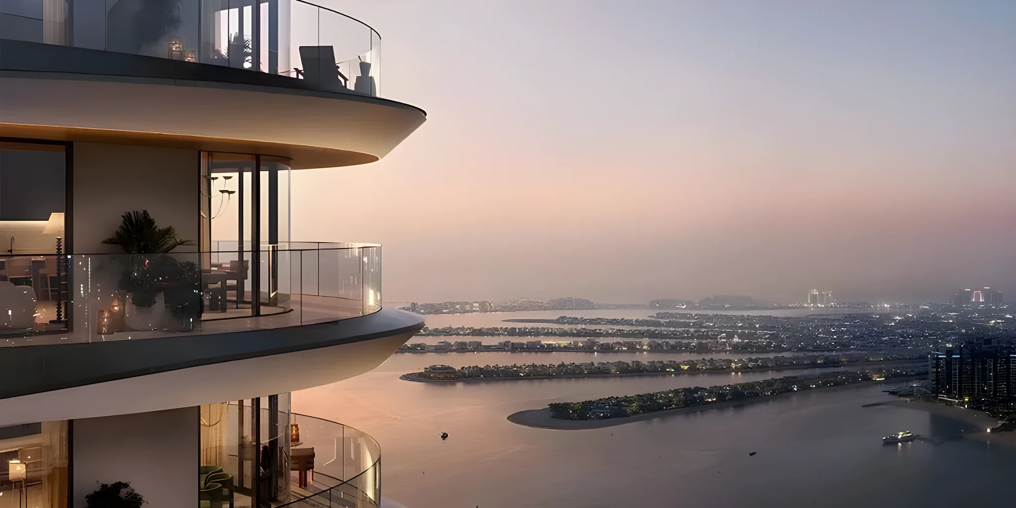 A balcony at The Bristol, Emaar Beachfront, over the Palm at dusk