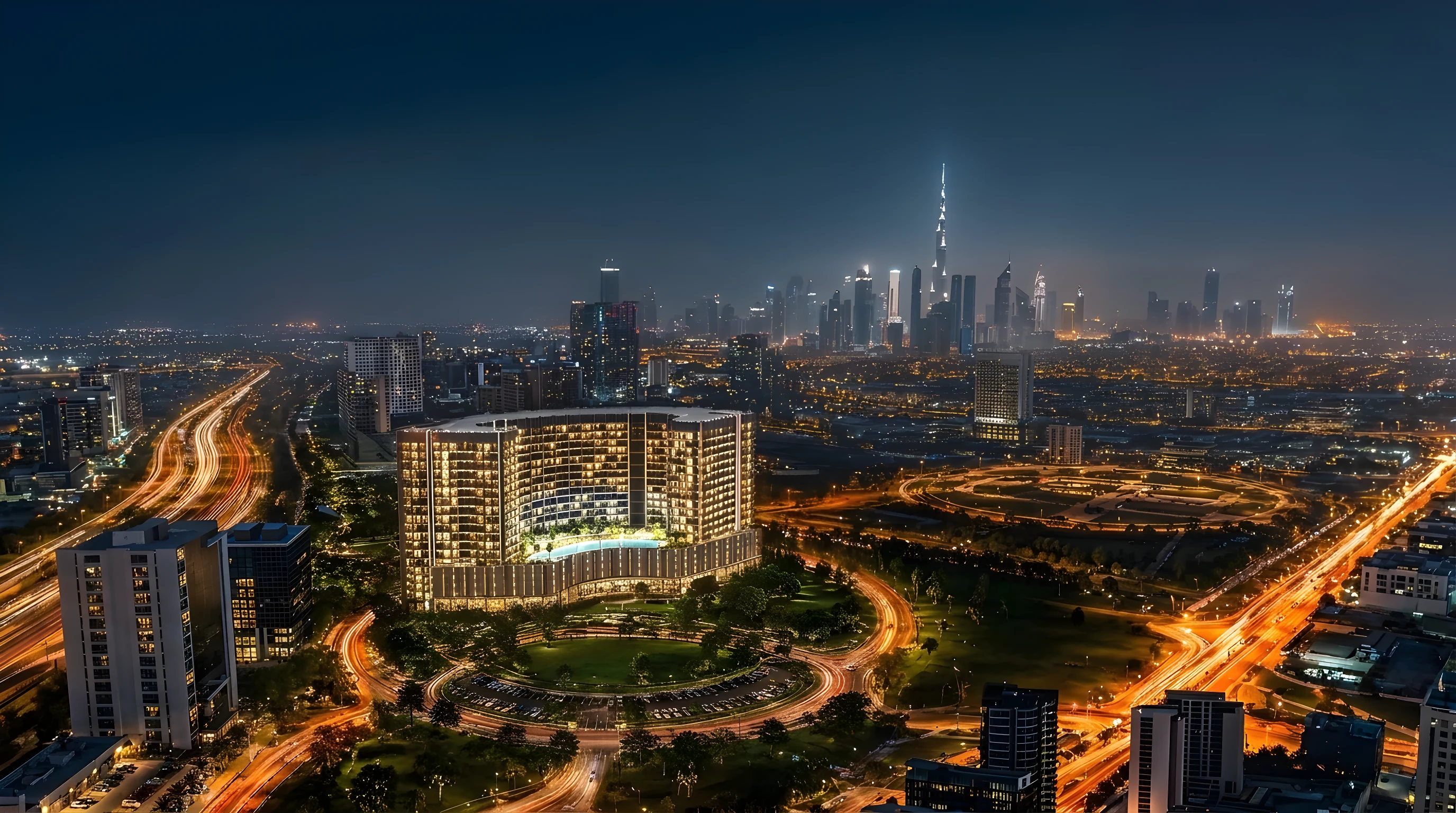Binghatti Wraith at night with the Downtown skyline beyond