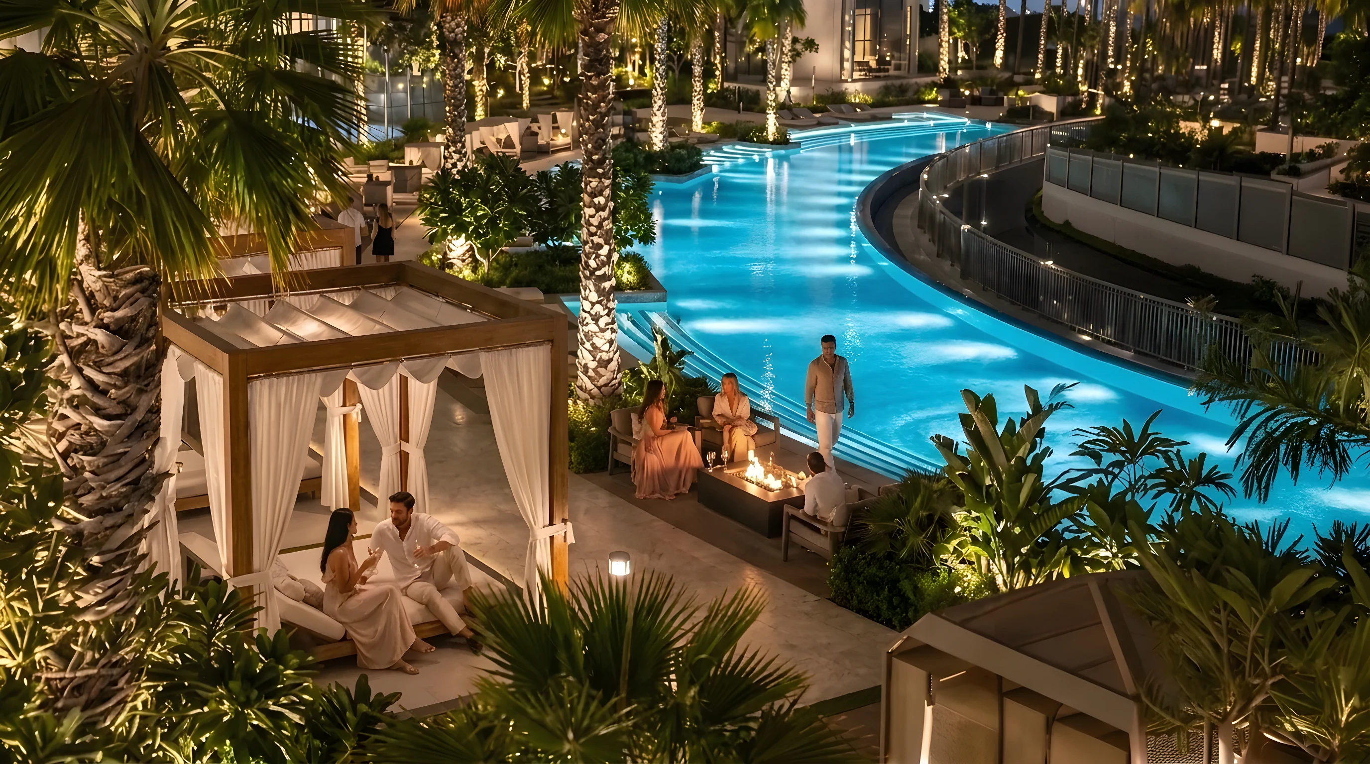 The pool deck at Binghatti Wraith at dusk