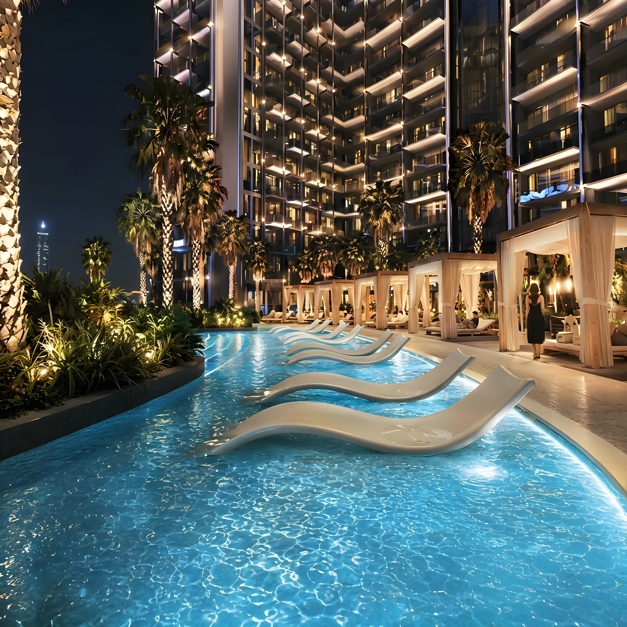 The pool at night at Binghatti Wraith