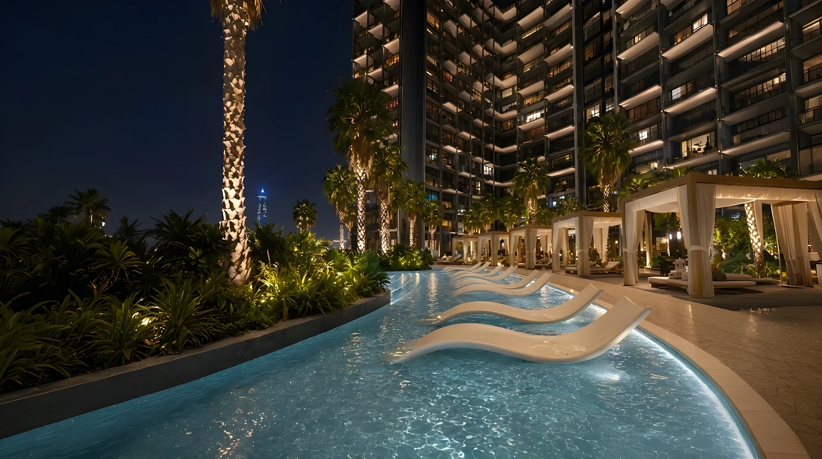 Pool and towers at Binghatti Wraith
