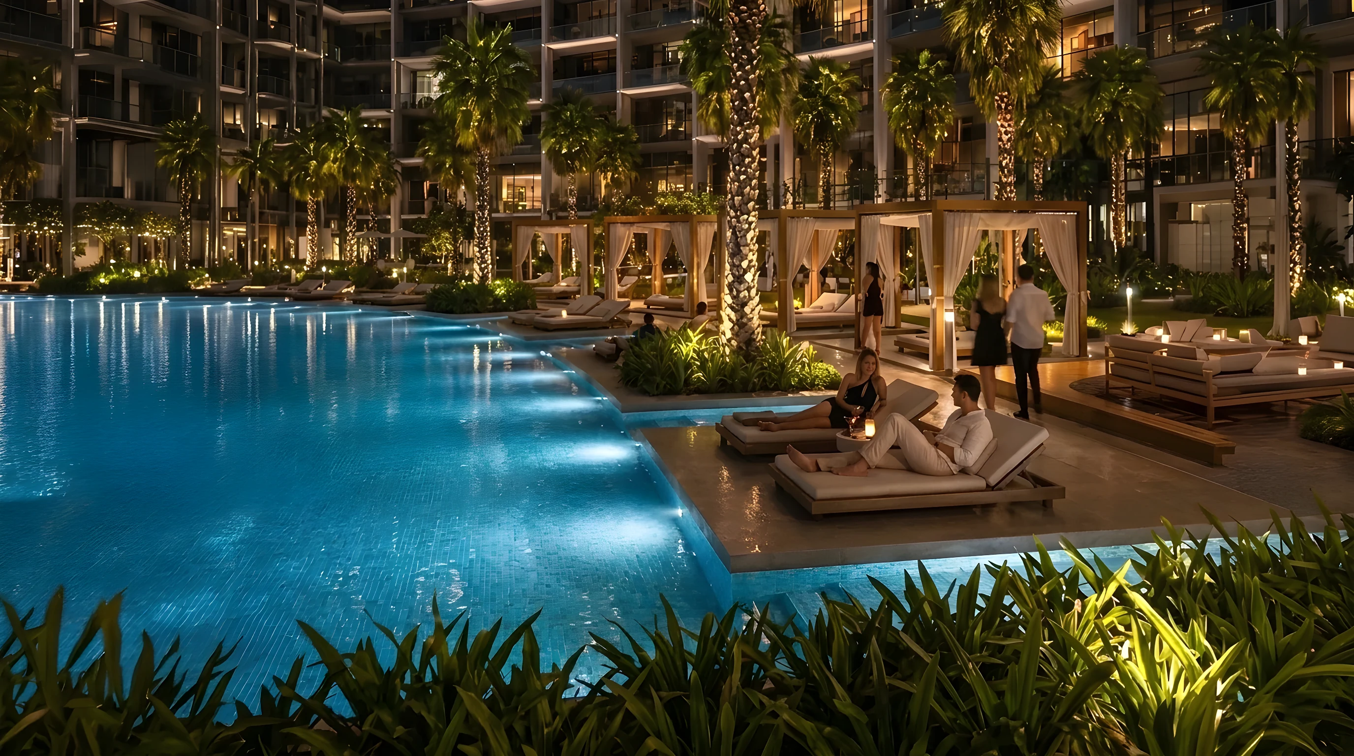 Loungers beside the pool at Binghatti Wraith