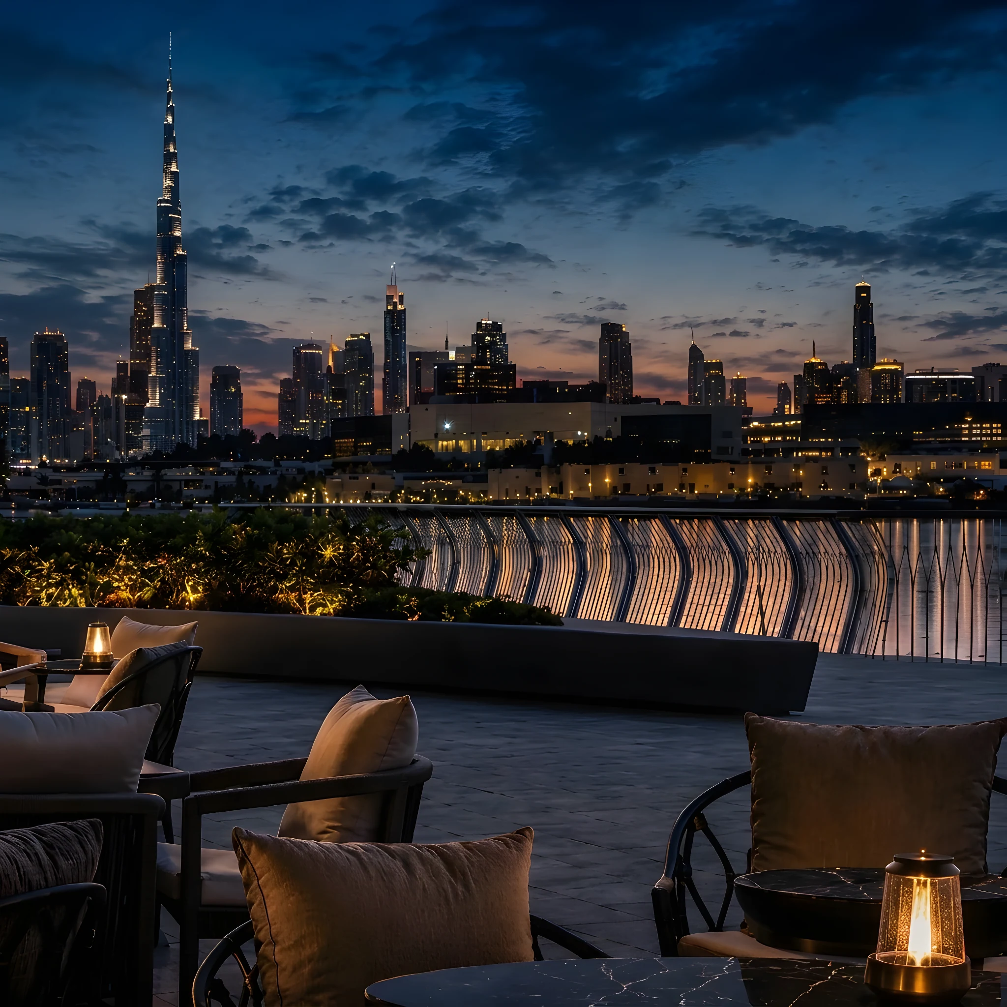 A terrace with Burj Khalifa views at Binghatti Wraith