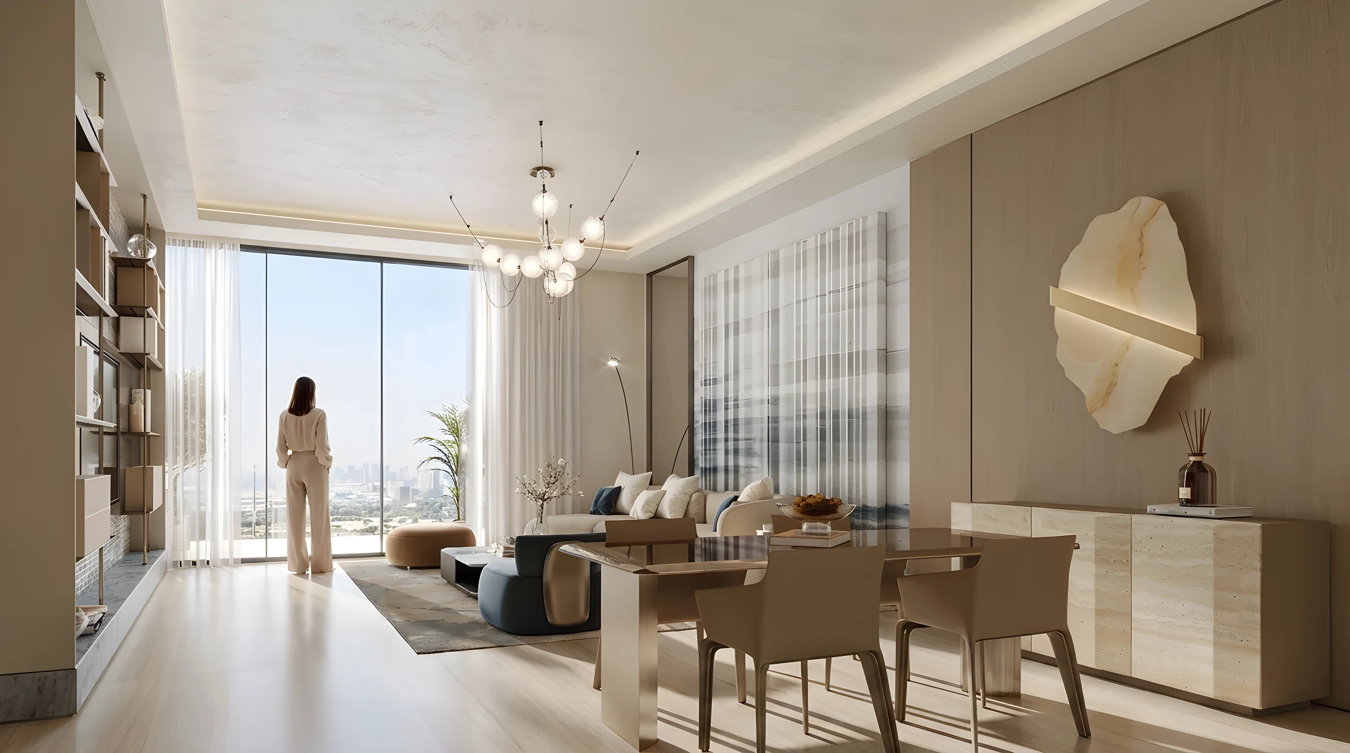 A living room with city views at Binghatti Wraith