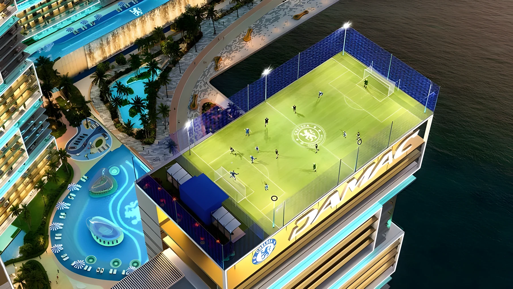 Stamford Summit, the rooftop football pitch at Chelsea Residences, seen from above