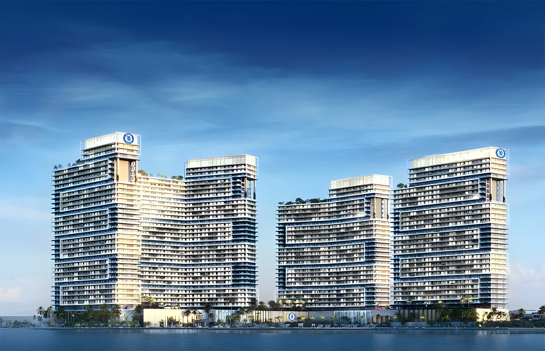 The towers of Chelsea Residences above the Arabian Gulf