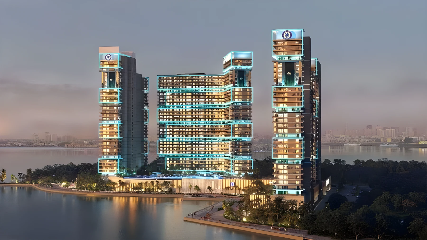 Chelsea Residences at dusk, the sea frontage of Dubai Maritime City behind it