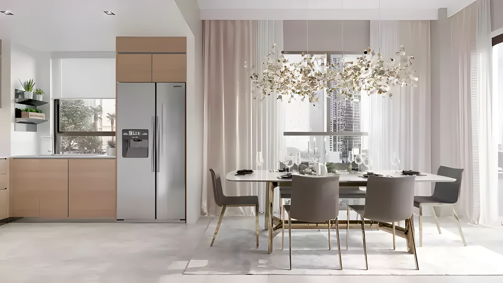The kitchen and dining space in a Bayshore apartment at Creek Beach