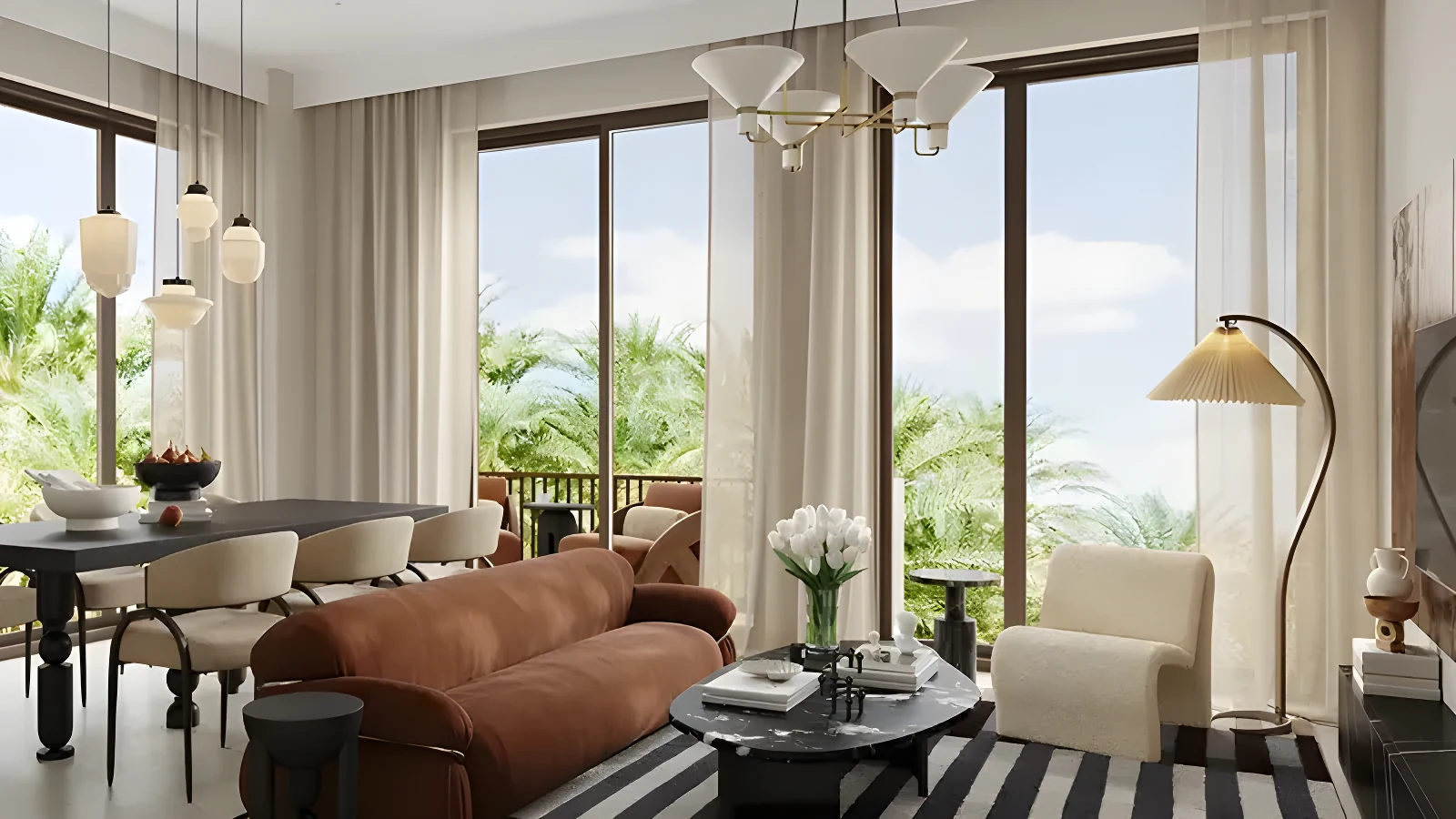 Living and dining at Moor, Creek Beach, opening to the balcony