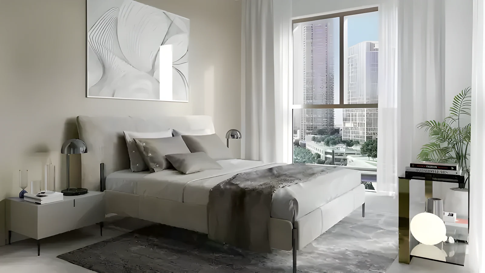 A bedroom at Bayshore with the Dubai Creek Harbour skyline beyond
