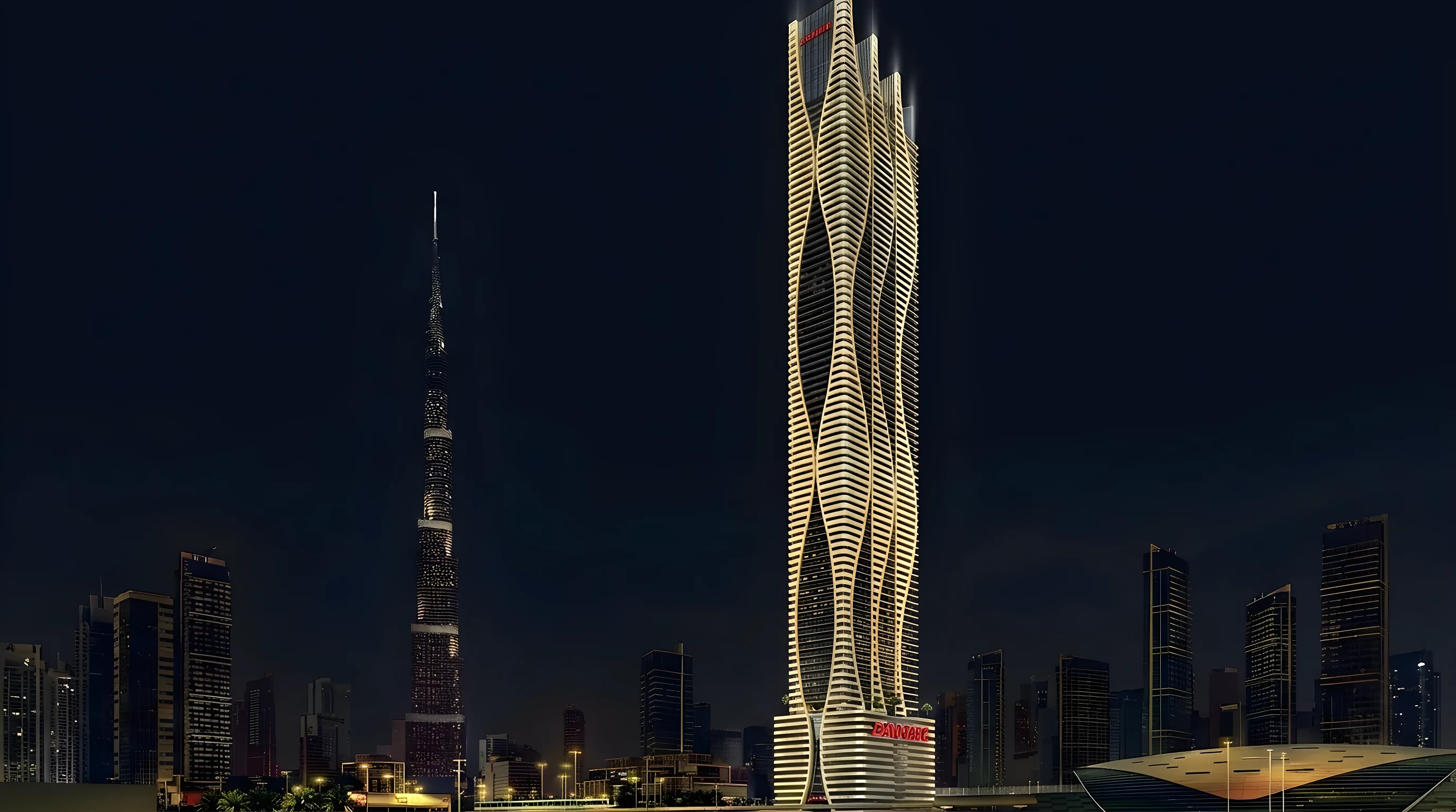 Bayz 101 by Danube rising beside the Burj Khalifa at night