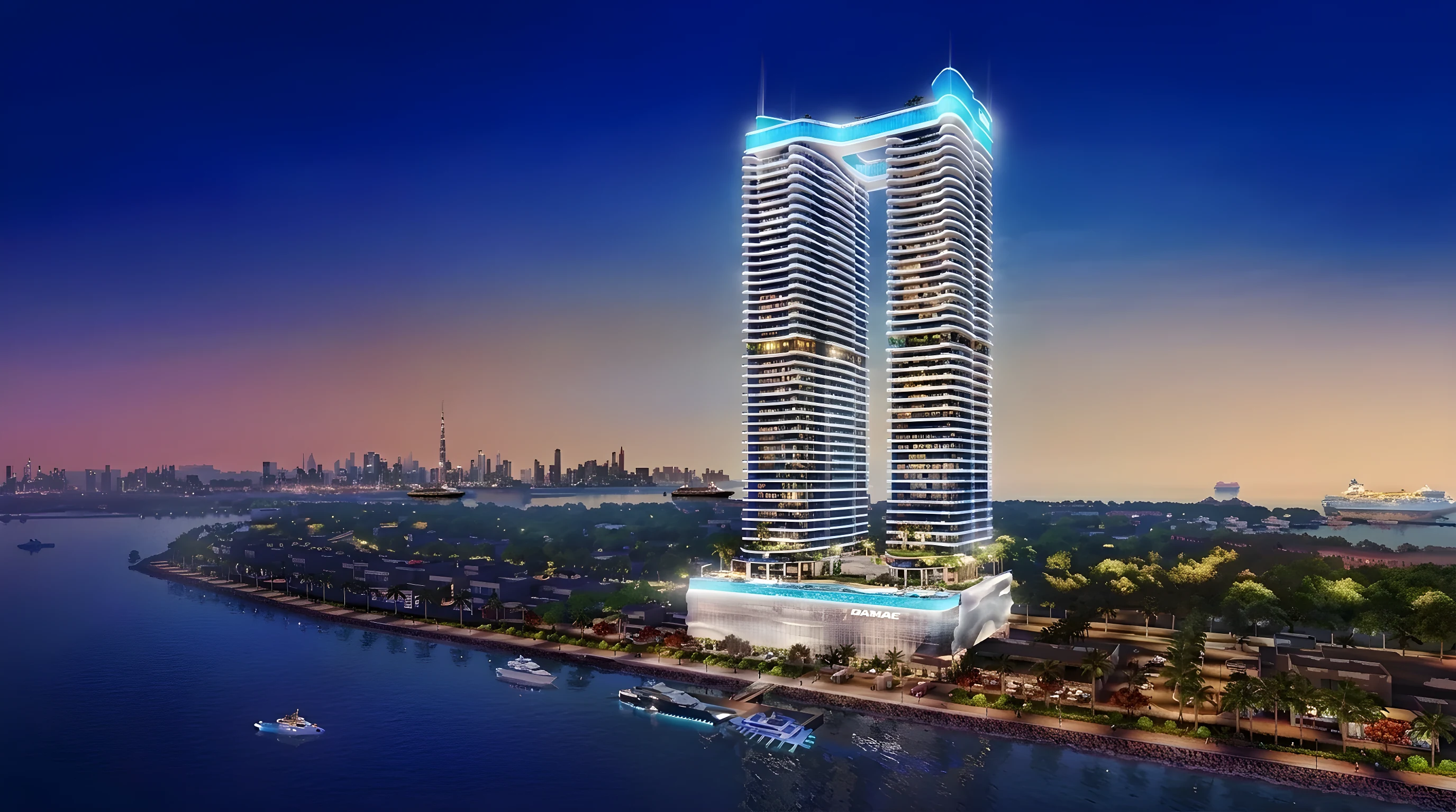 Oceanz by Danube on the Dubai Maritime City waterfront at dusk