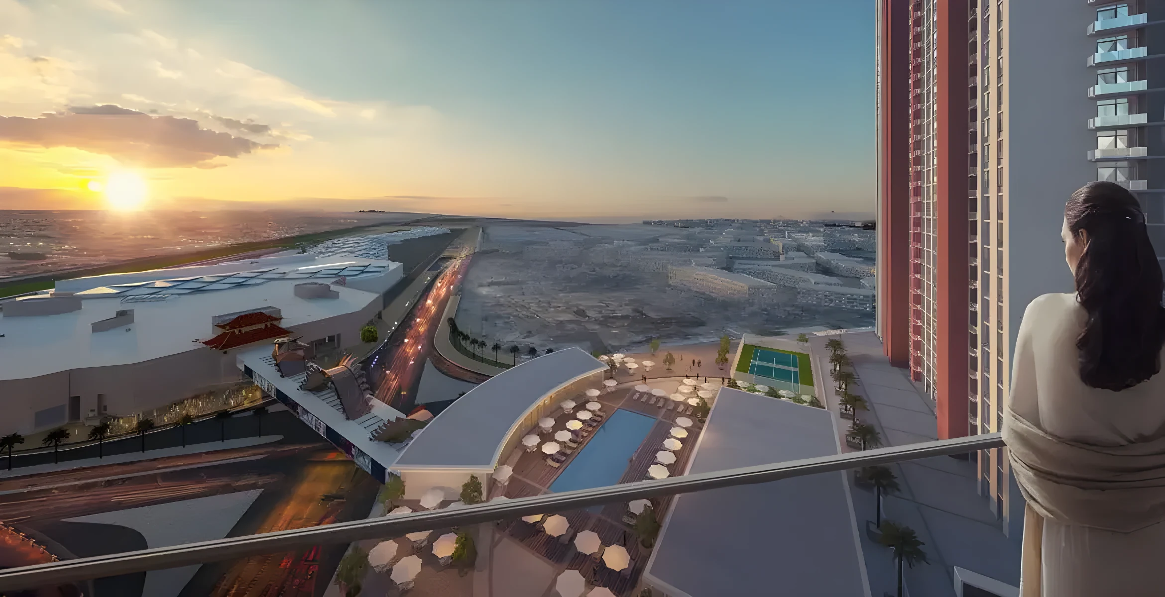 Dragon Tower by Nakheel above Dragon City at sunset