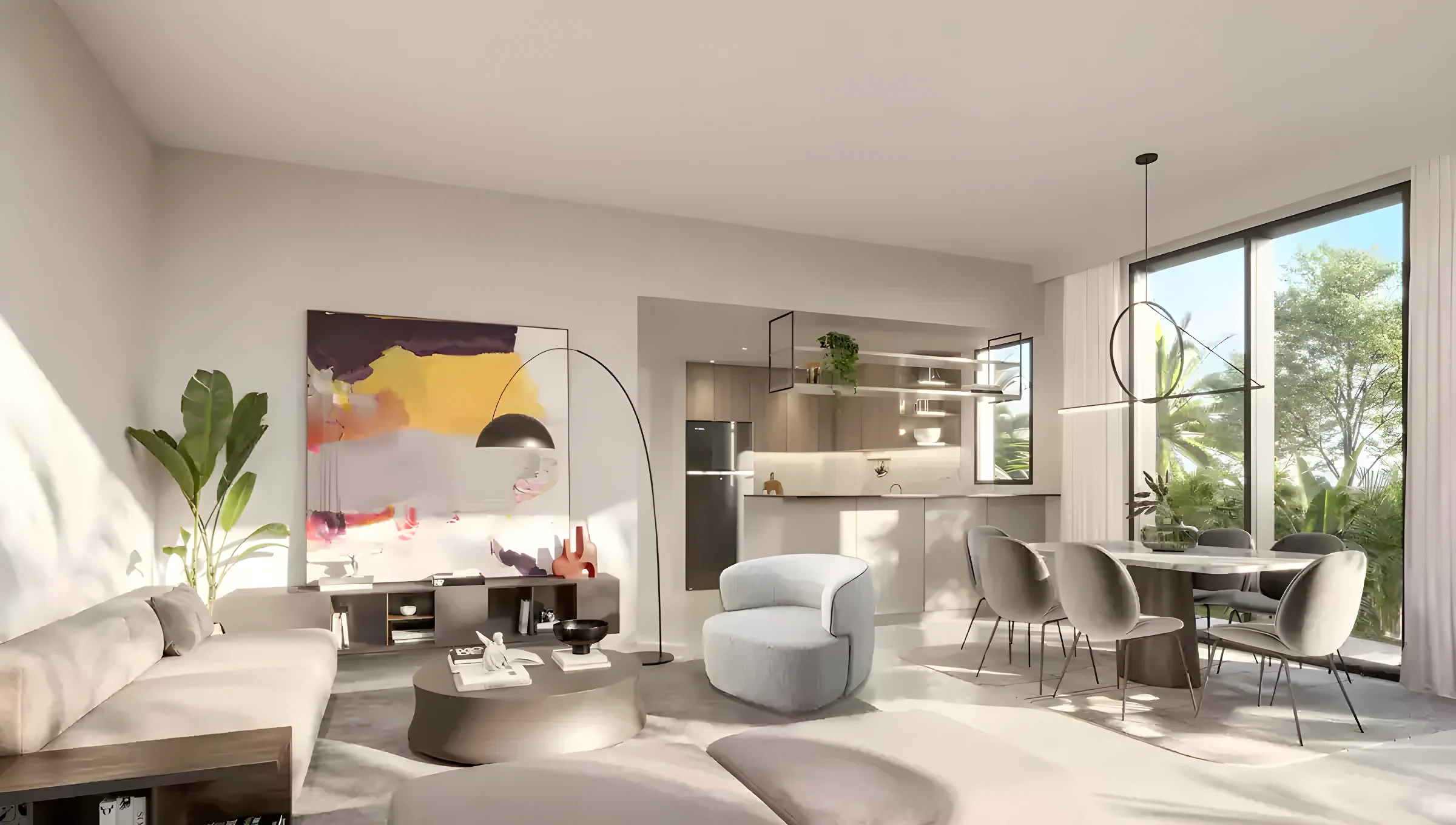 The living and dining space at Aura Gardens, Tilal Al Ghaf