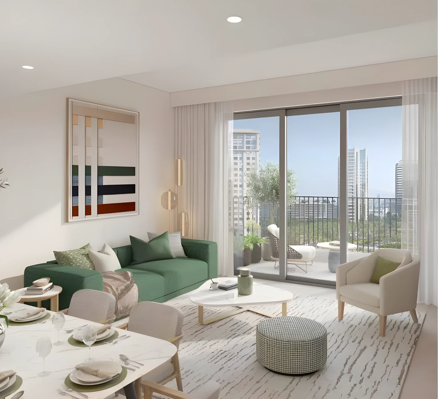 A living room at Park Horizon opening onto the balcony