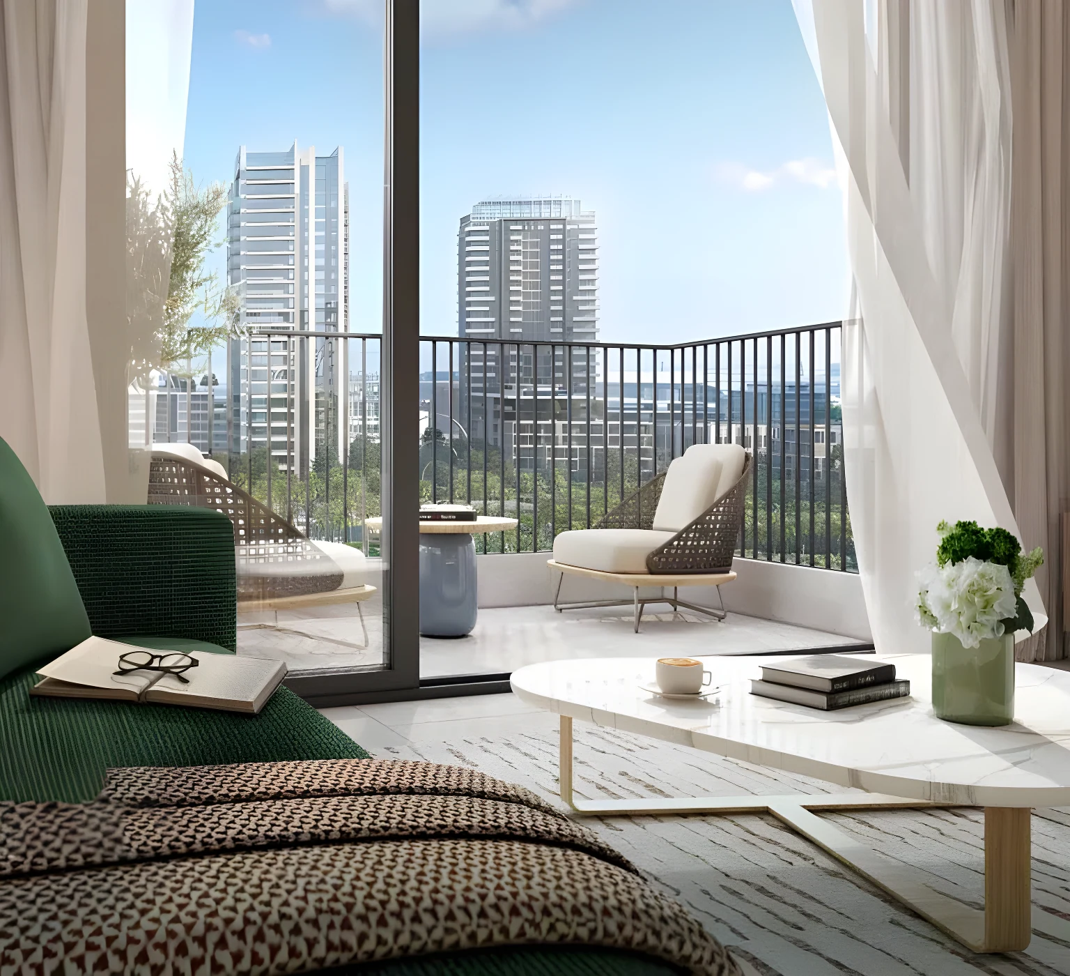 A bedroom at Park Horizon with the Dubai Hills skyline through the glass