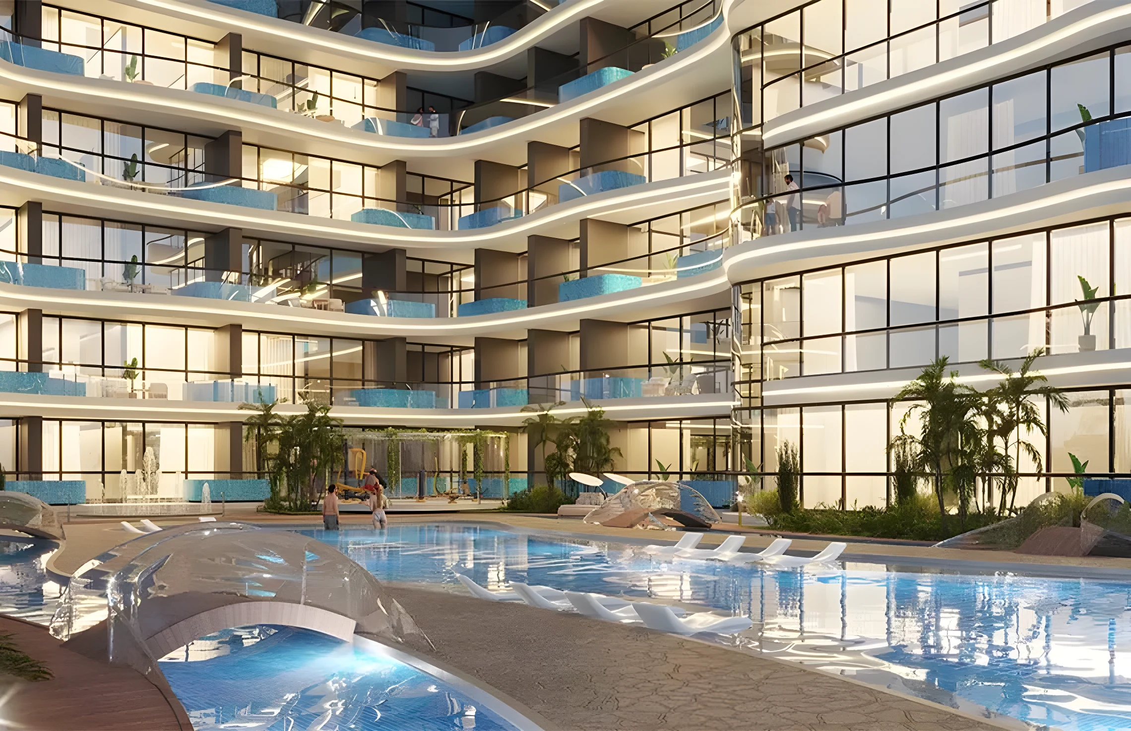 Samana Ocean Pearl on Dubai Islands, balcony pools stepping down the facade