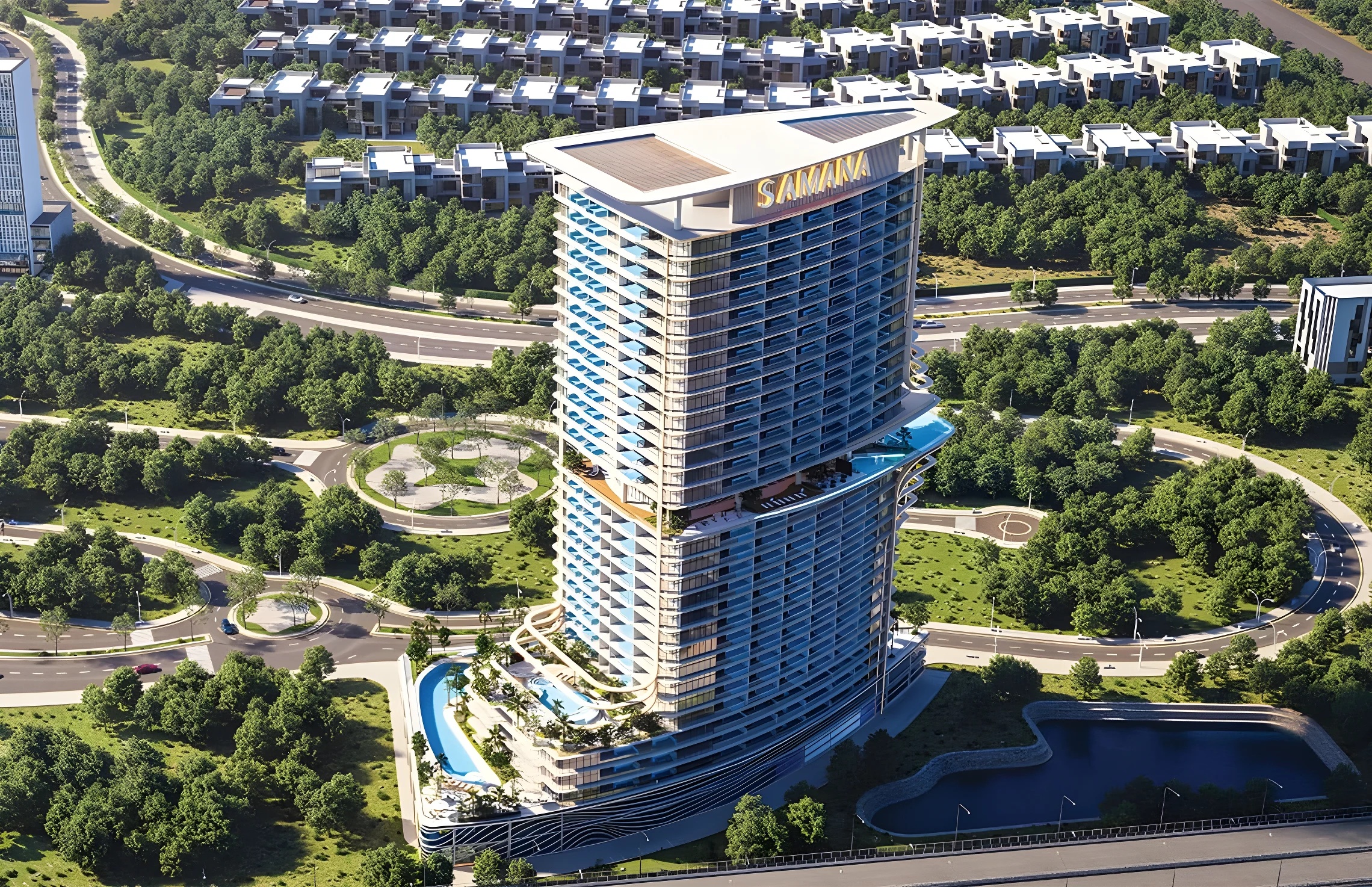 Samana Barari Heights rising above the greenery of Majan