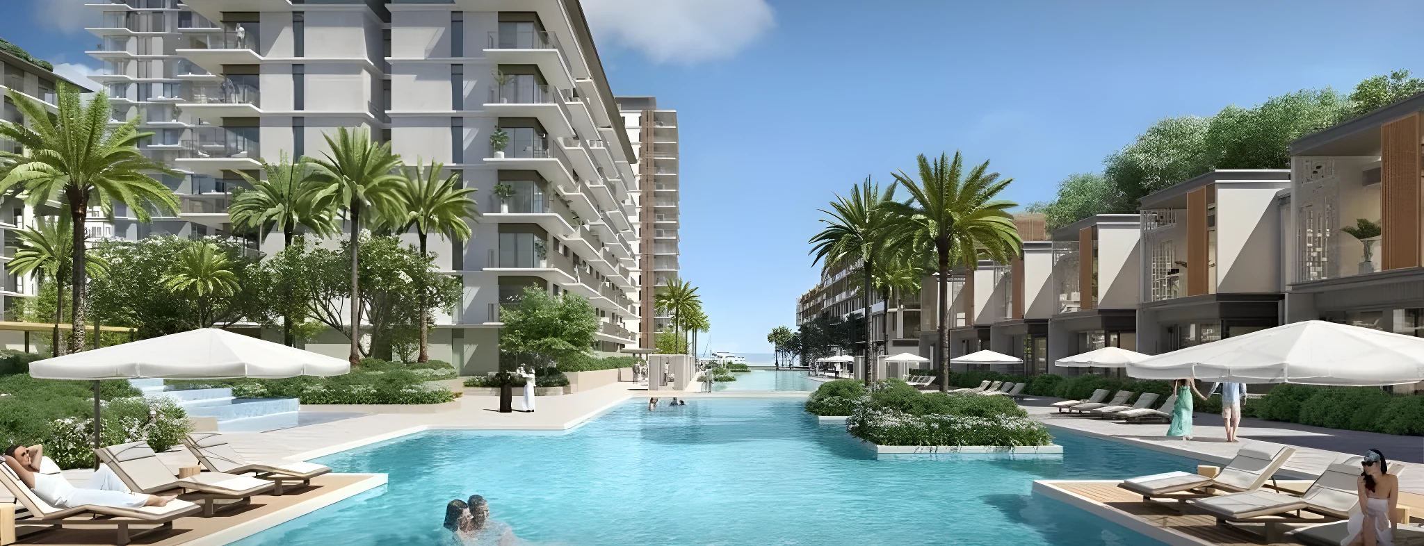 The canal pool running between the low-rise buildings at Seascape