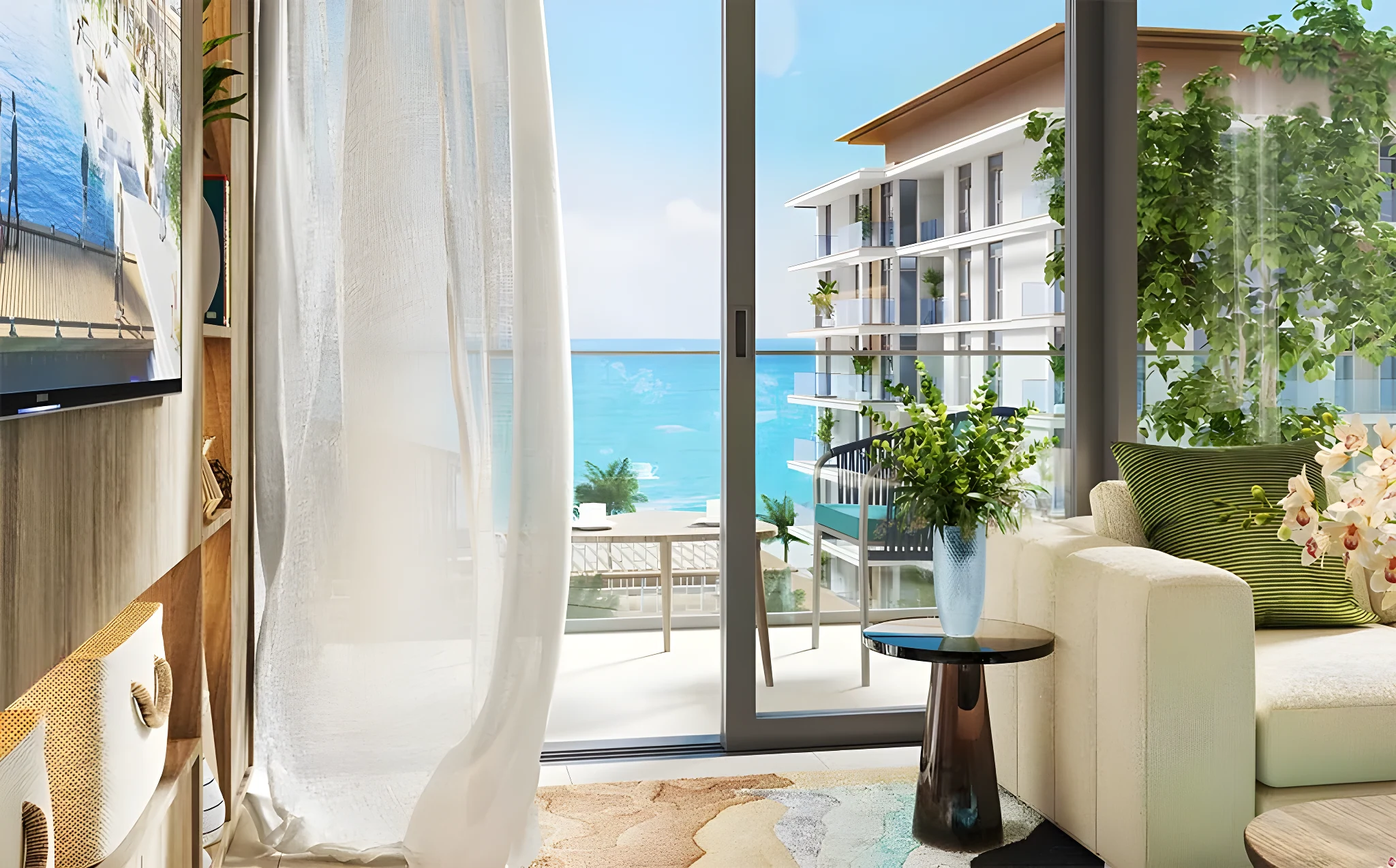 A living room at Seascape looking out to the water