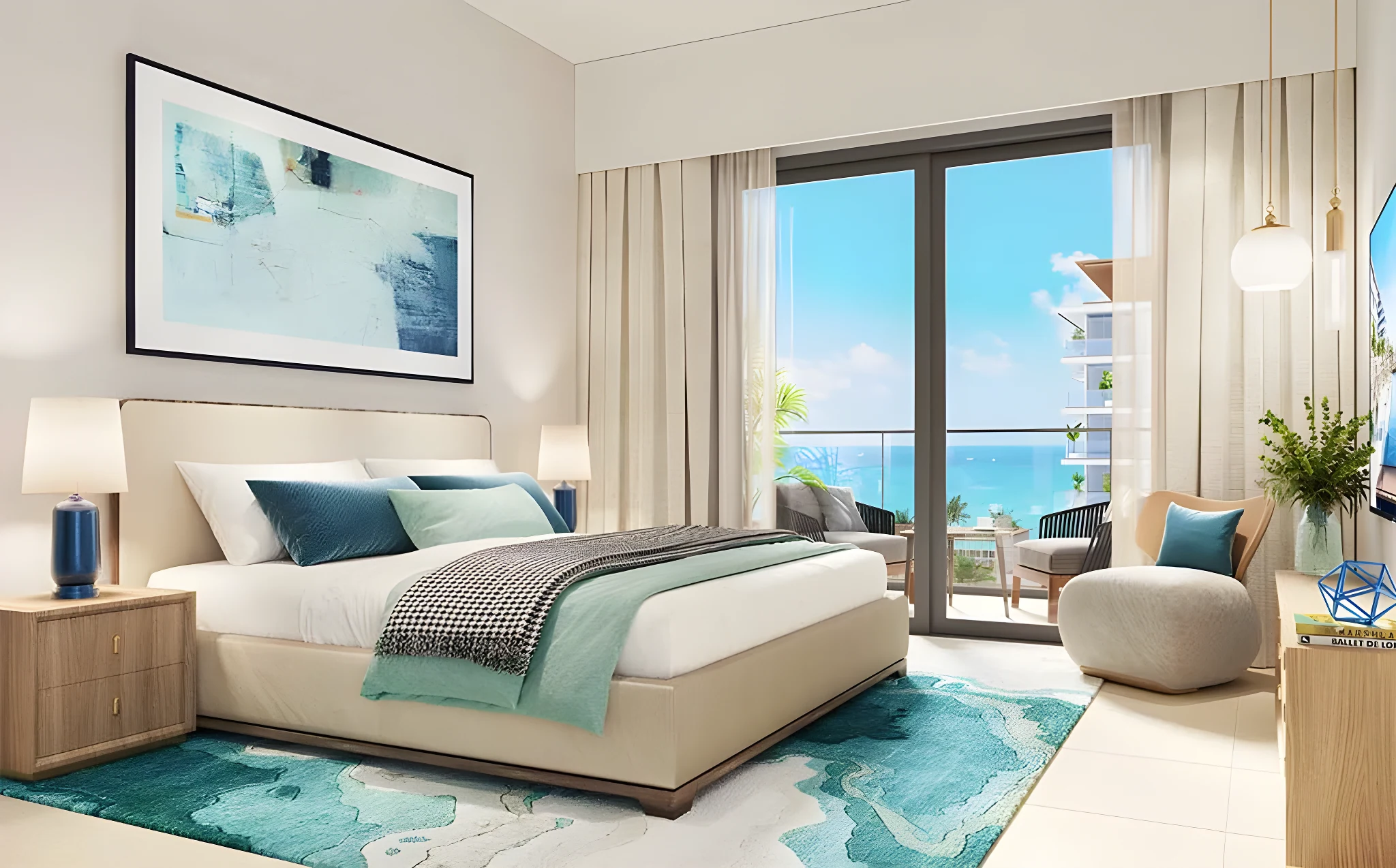 A bedroom at Seascape with the marina beyond the balcony