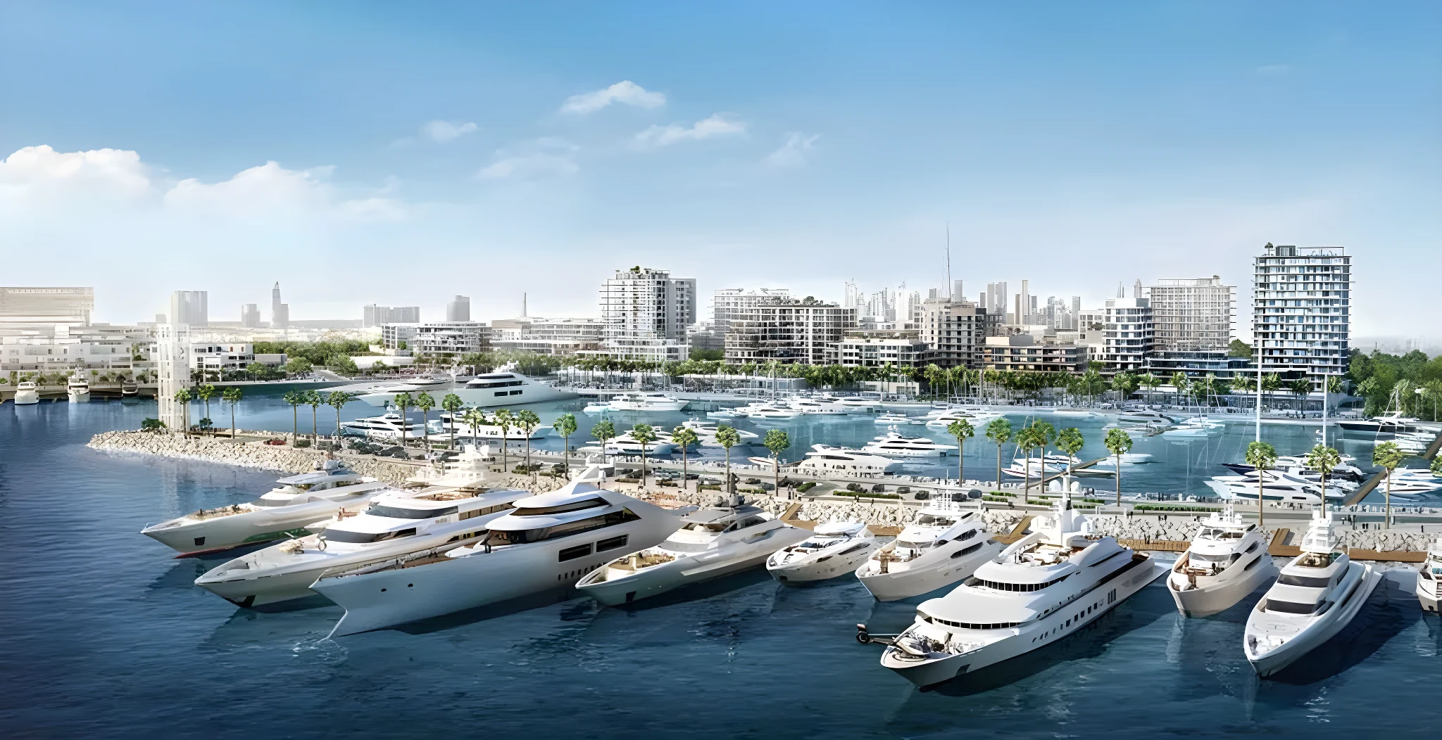 Rashid Yachts & Marina with the Dubai skyline behind it