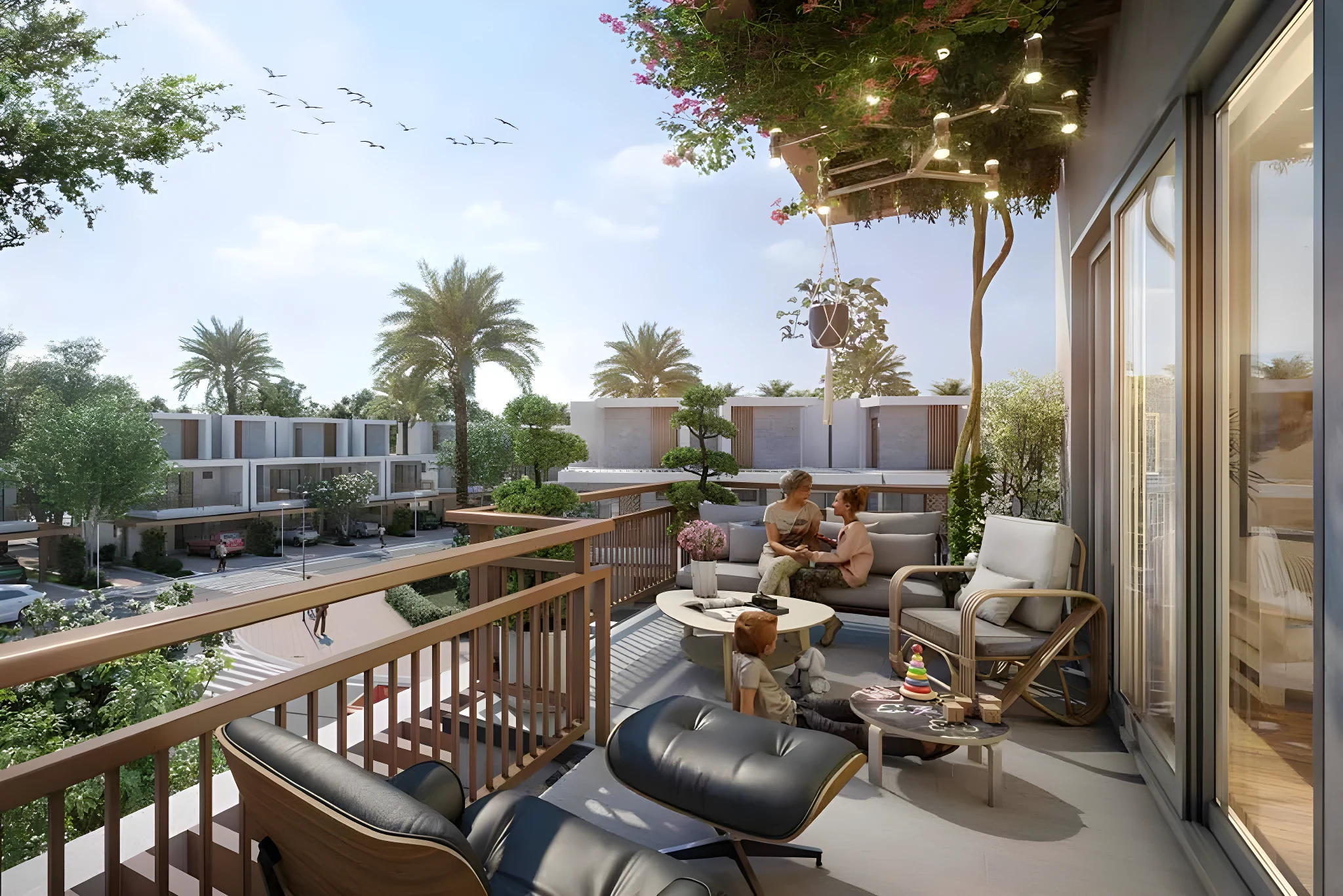Terrace seating area on a Violet 4 townhouse looking out over the community