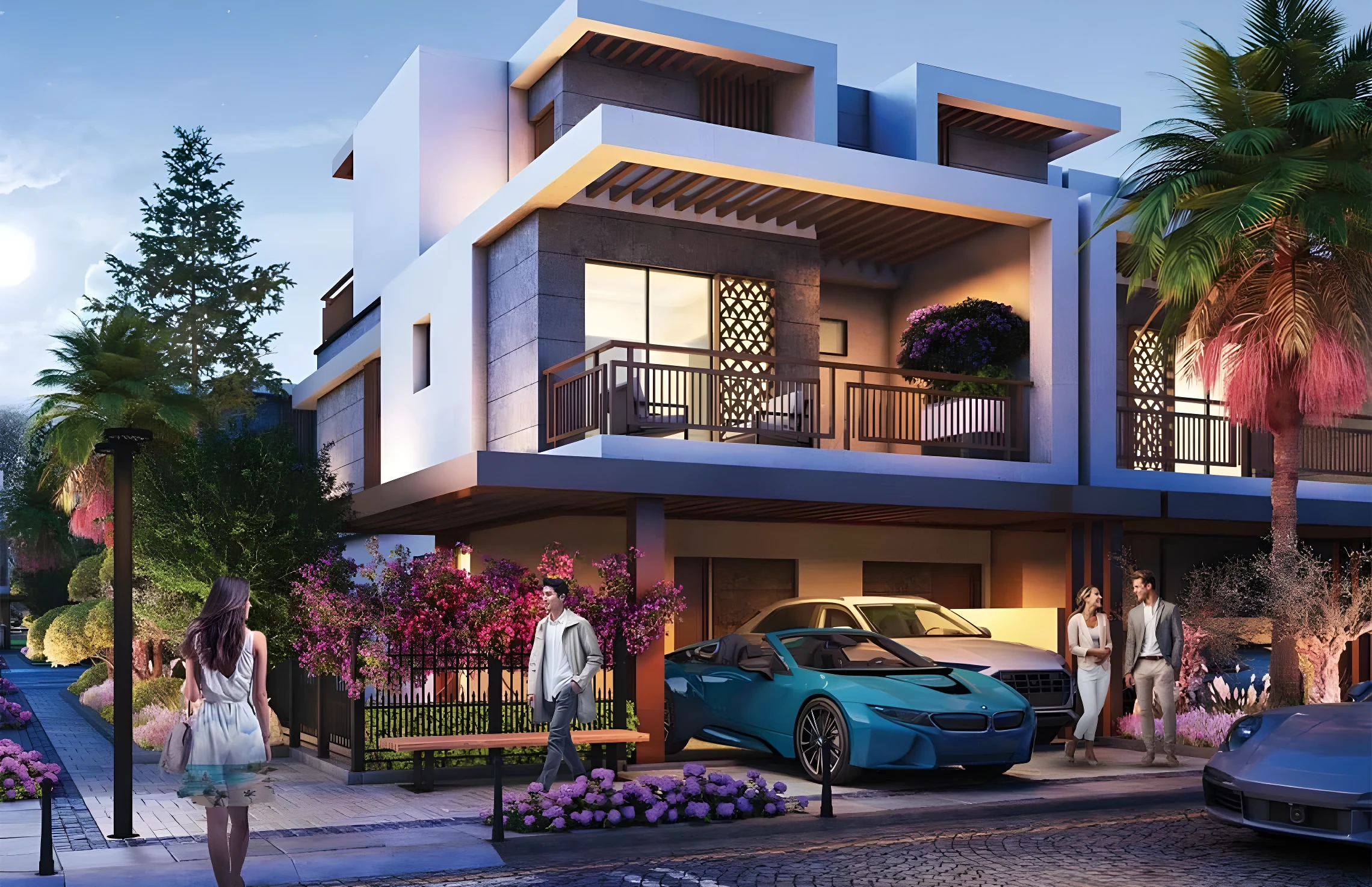Violet 4 four bedroom townhouse frontage at dusk with a car in the driveway