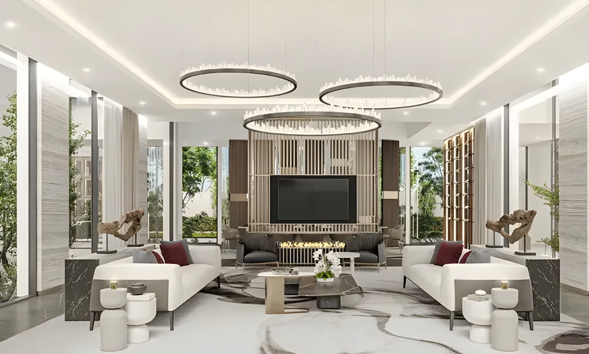 Living area with wall mounted television in a Violet 4 townhouse
