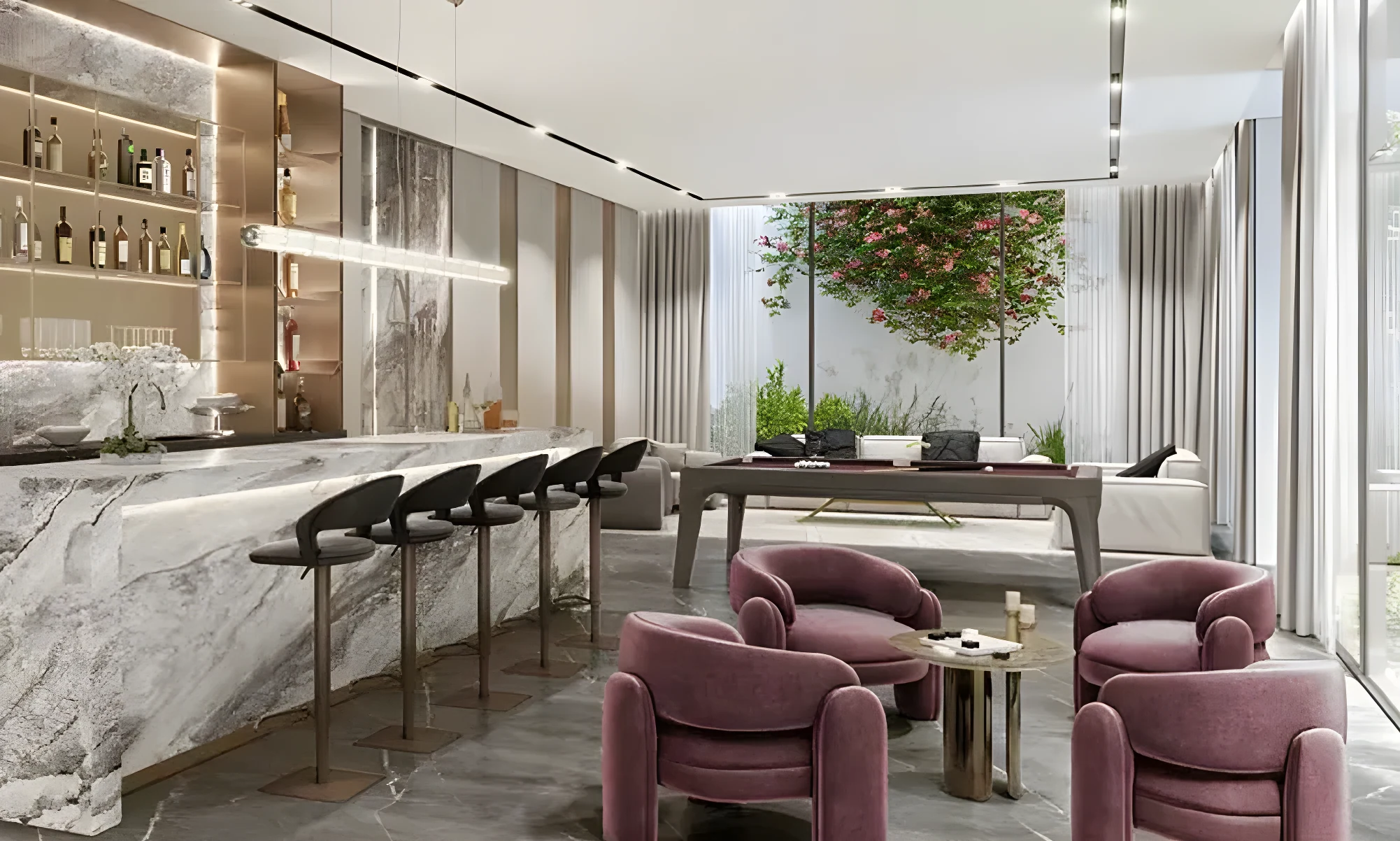 Marble bar counter with stools and lounge seating in a Violet 4 townhouse