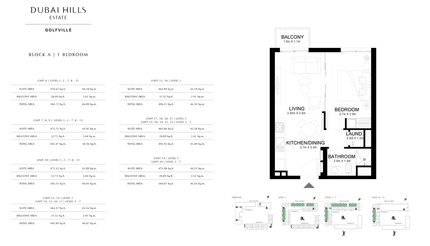 1 Bed Block A, Size 495 Sq Ft Floor Plan