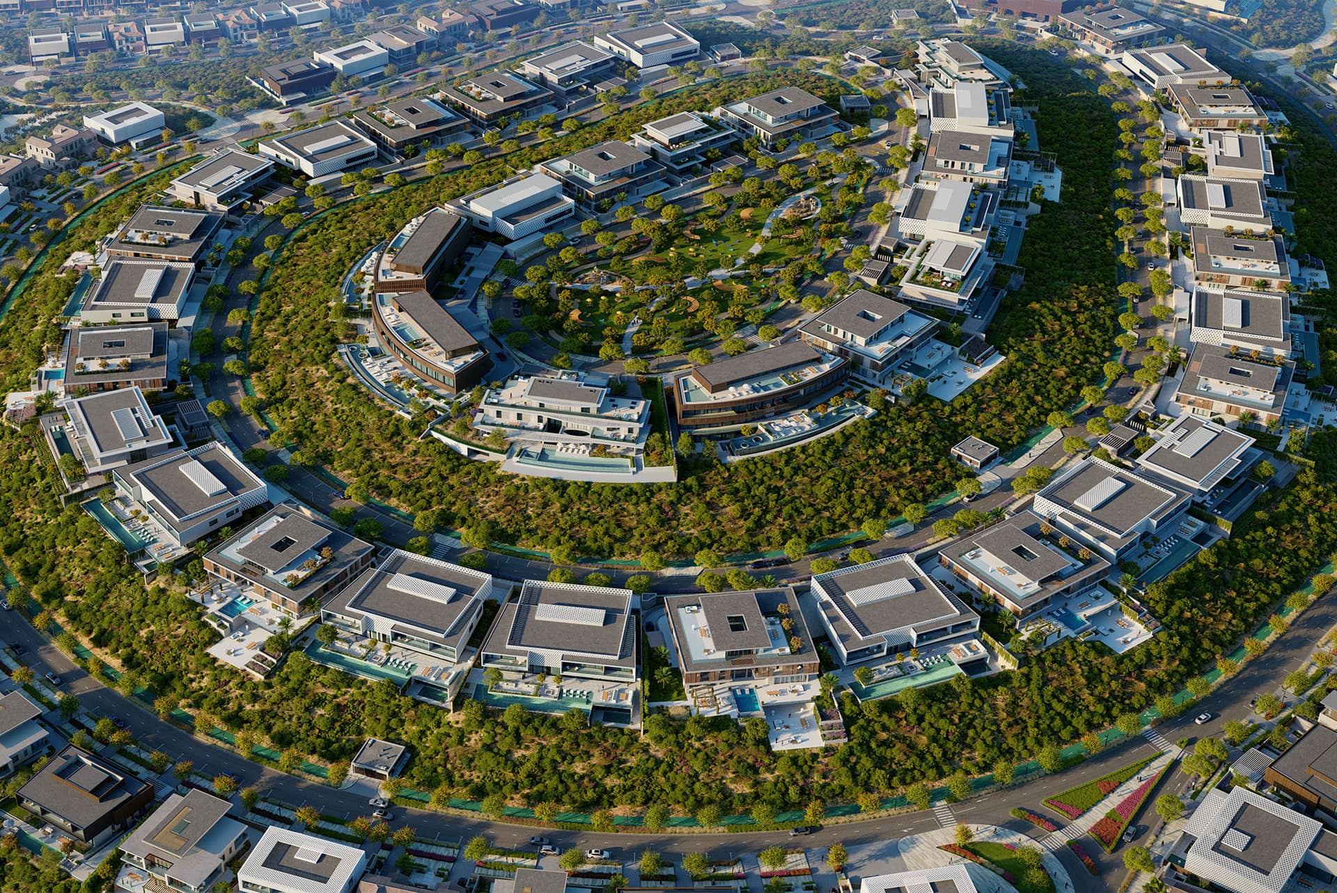 Hudayriyat Island masterplan aerial — circular villa community Abu Dhabi