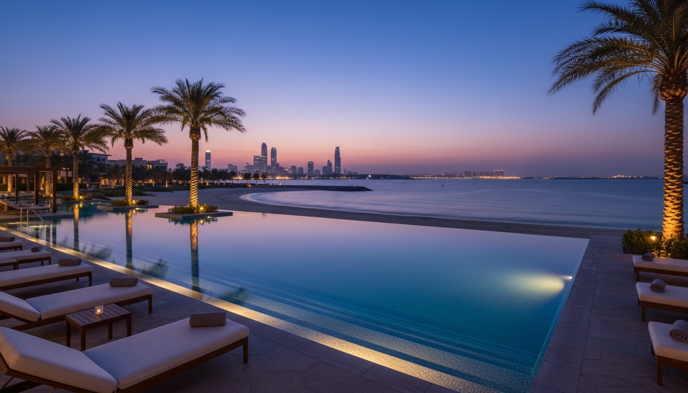 Resort pool at Palm Jebel Ali at dusk