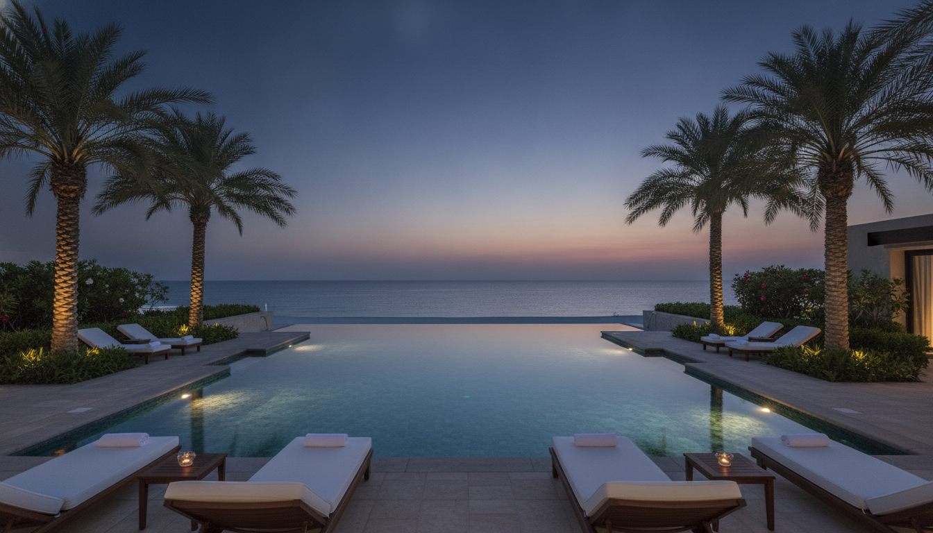 Resort pool at Palm Jebel Ali at dusk